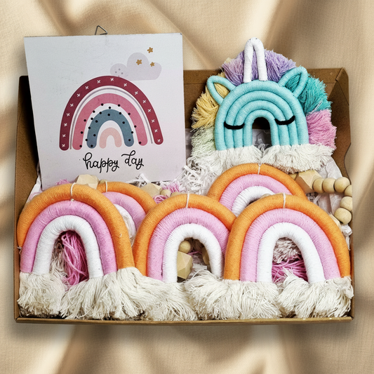 Sophia Baby Girl Gift Box open showing macrame rainbow garland, teal unicorn keychain, happy day plaque and wooden beads - handmade baby girl gift Australia