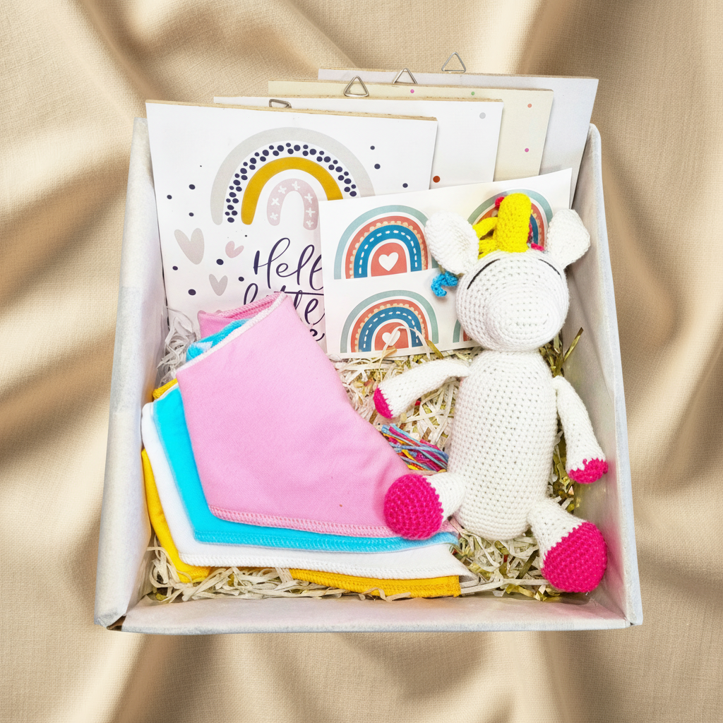 Stella Baby Girl Gift Box open showing crochet unicorn, colourful bandana bibs and rainbow wall plaques - handmade baby girl gift Australia