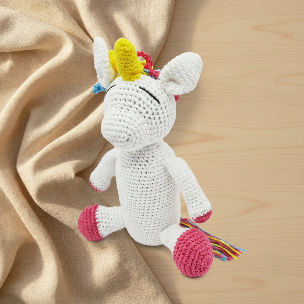 Handmade crochet unicorn soft toy with rainbow mane and yellow horn - boho baby girl gift Australia