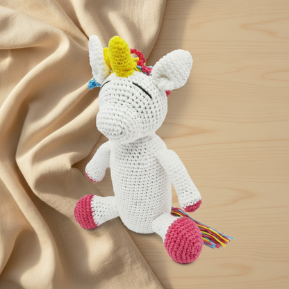 Handmade crochet unicorn soft toy with rainbow mane and yellow horn - boho baby girl gift Australia