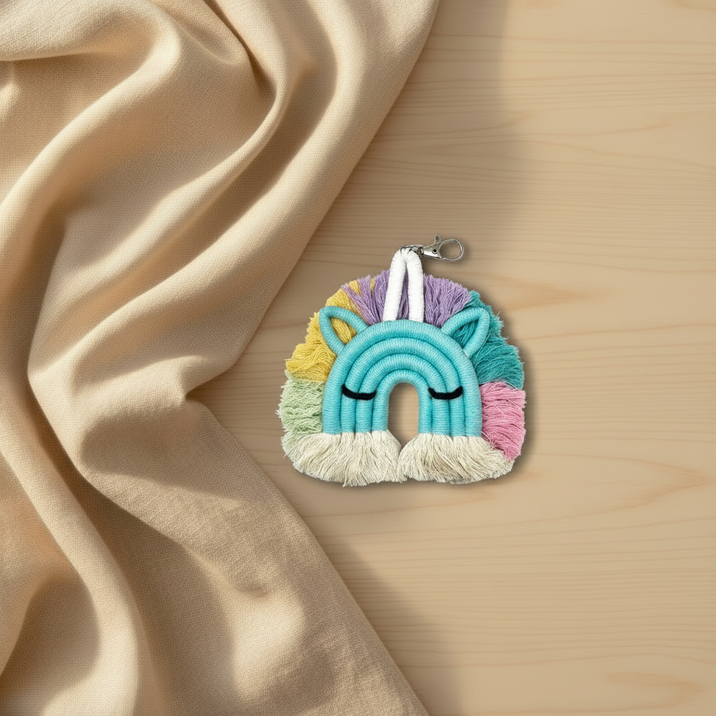Handmade teal macrame unicorn rainbow keychain with multicolour fringe mane - boho baby gift Australia