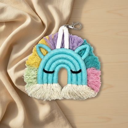 Handmade teal macrame unicorn keychain with rainbow mane in purple, yellow, mint and pink - boho baby girl gift Australia