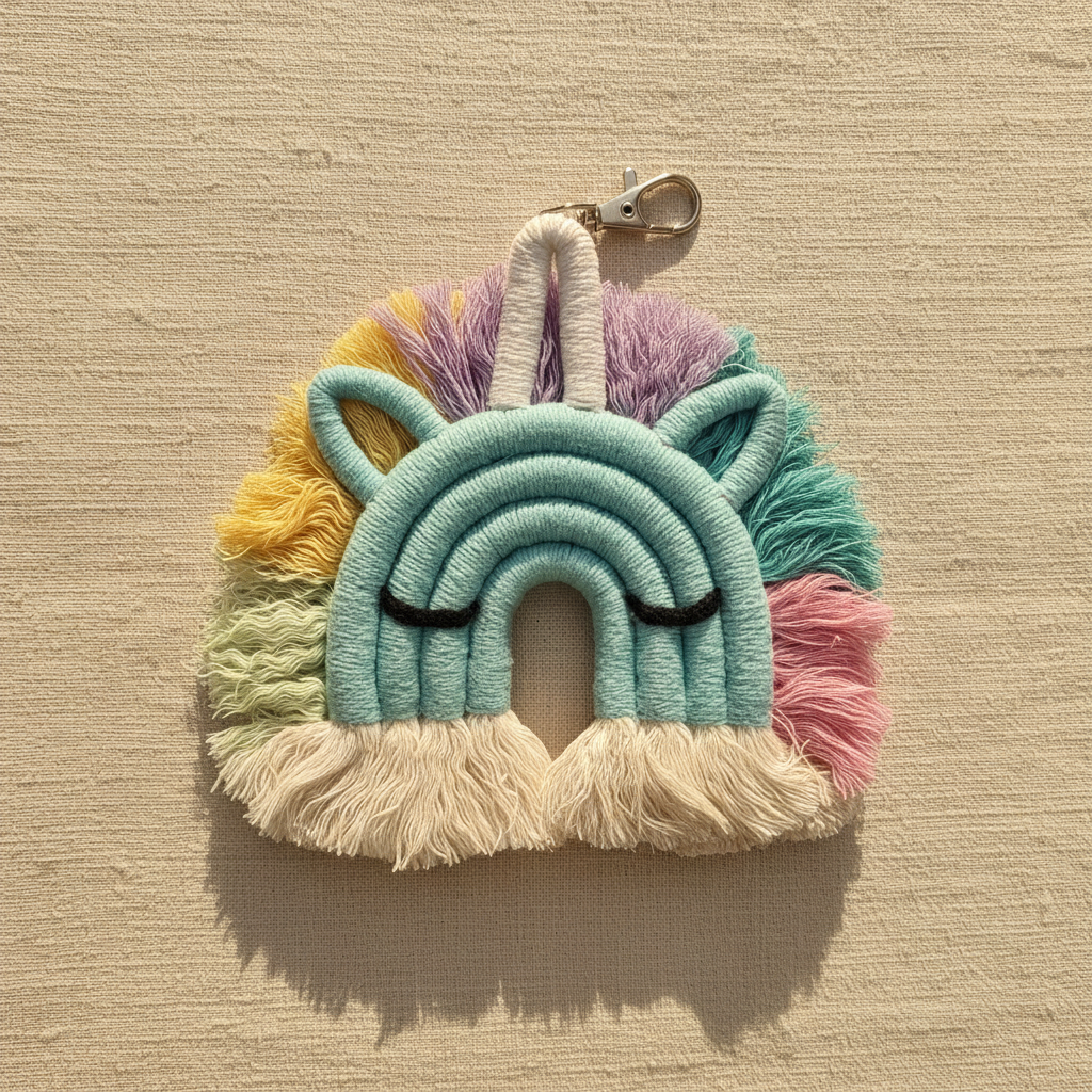 Teal unicorn macrame bag keychain with rainbow coloured fringe and silver clip - boho baby girl gift Australia