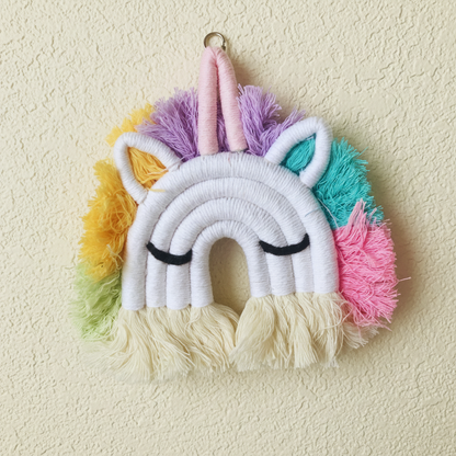 White macrame unicorn rainbow bag keychain with rainbow coloured fringe - boho baby girl gift Australia