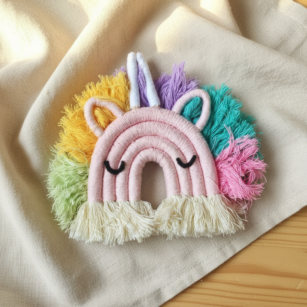 Rainbow unicorn macrame keyring with colourful fringe - boho baby gift Australia