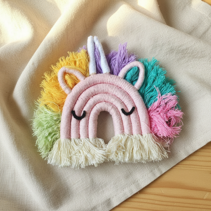 Rainbow unicorn macrame keyring with colourful fringe - boho baby gift Australia