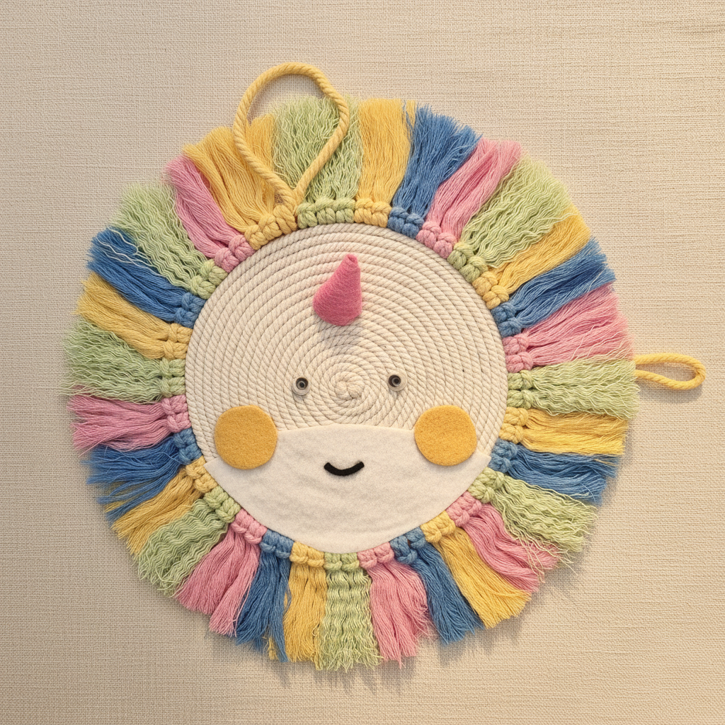 Round unicorn macrame wall hanging with pink horn, yellow cheeks and rainbow coloured tassels - handmade boho nursery decor Australia