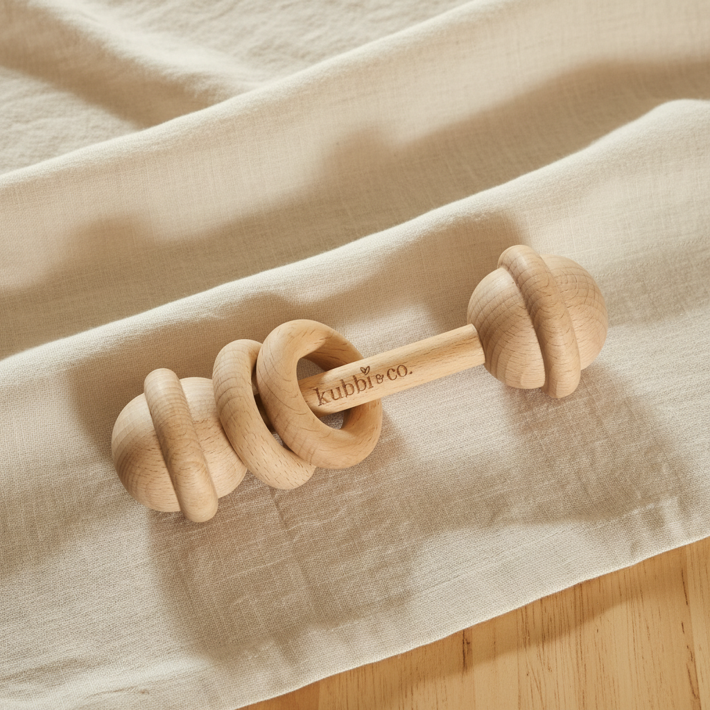 Organic beech wood teether rattle by Kubbi & Co - safe natural baby teether Australia