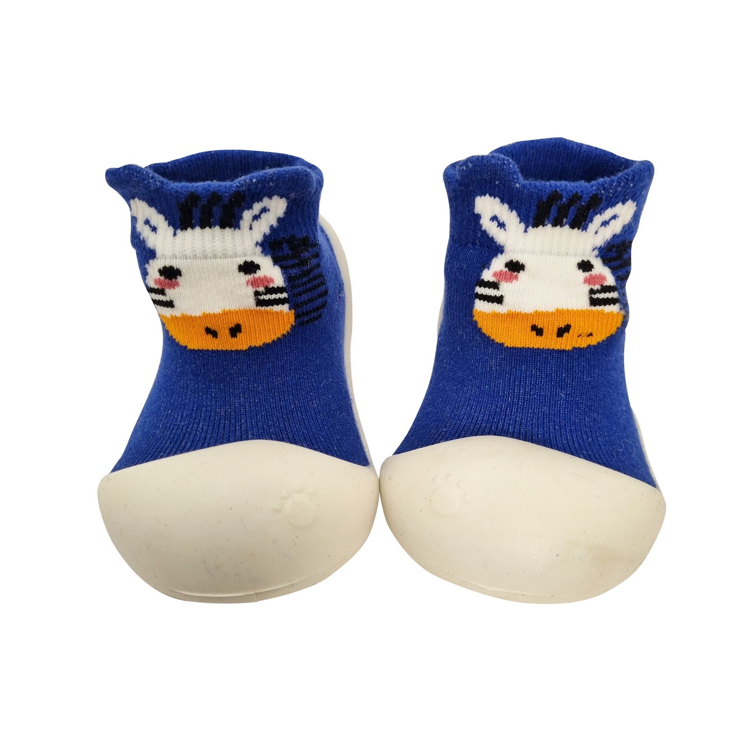 A pair of blue baby socks with a white giraffe design and a blue firm sole.