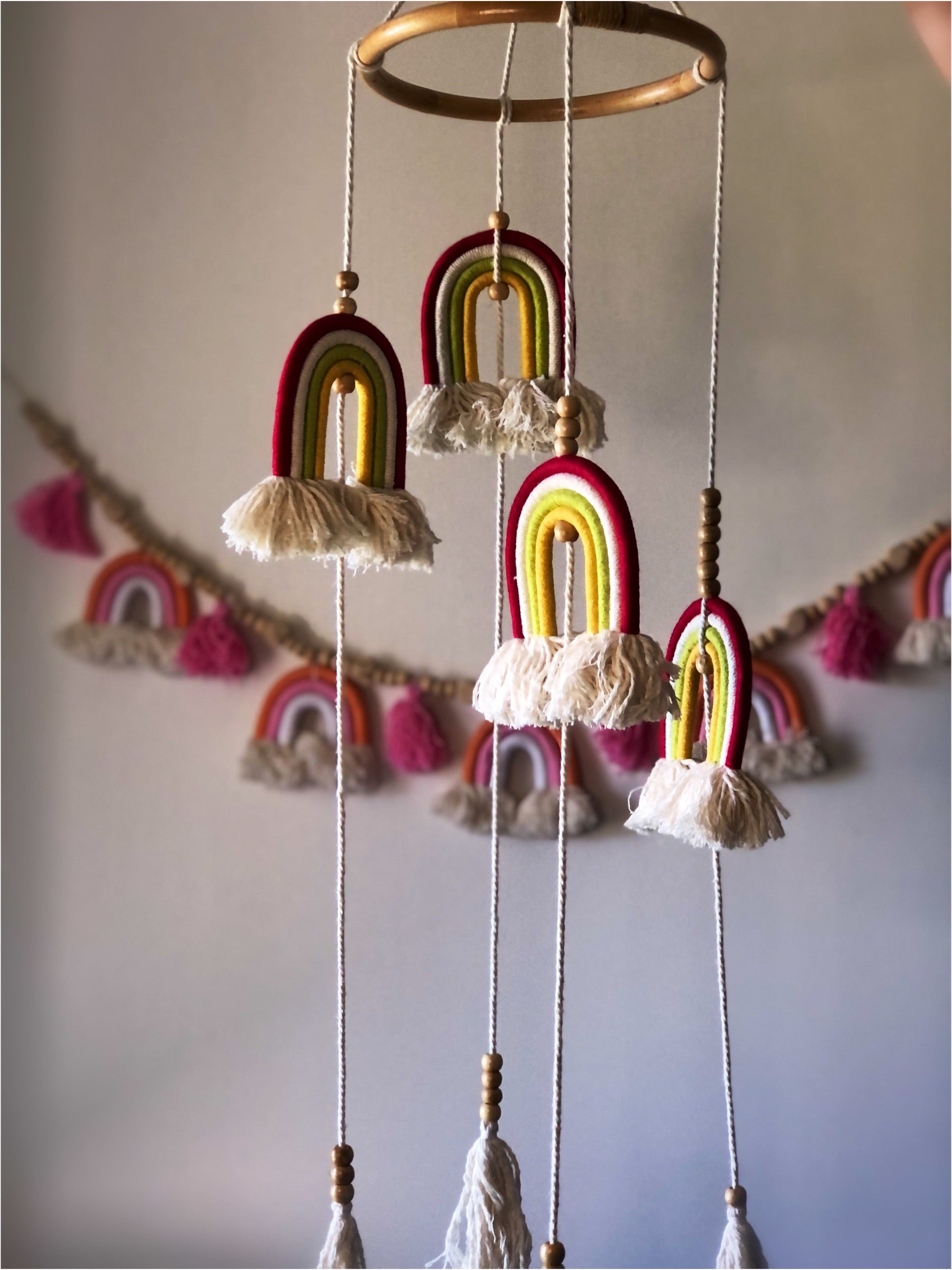 Long Macrame Rainbow Mobile Red yellow and pink